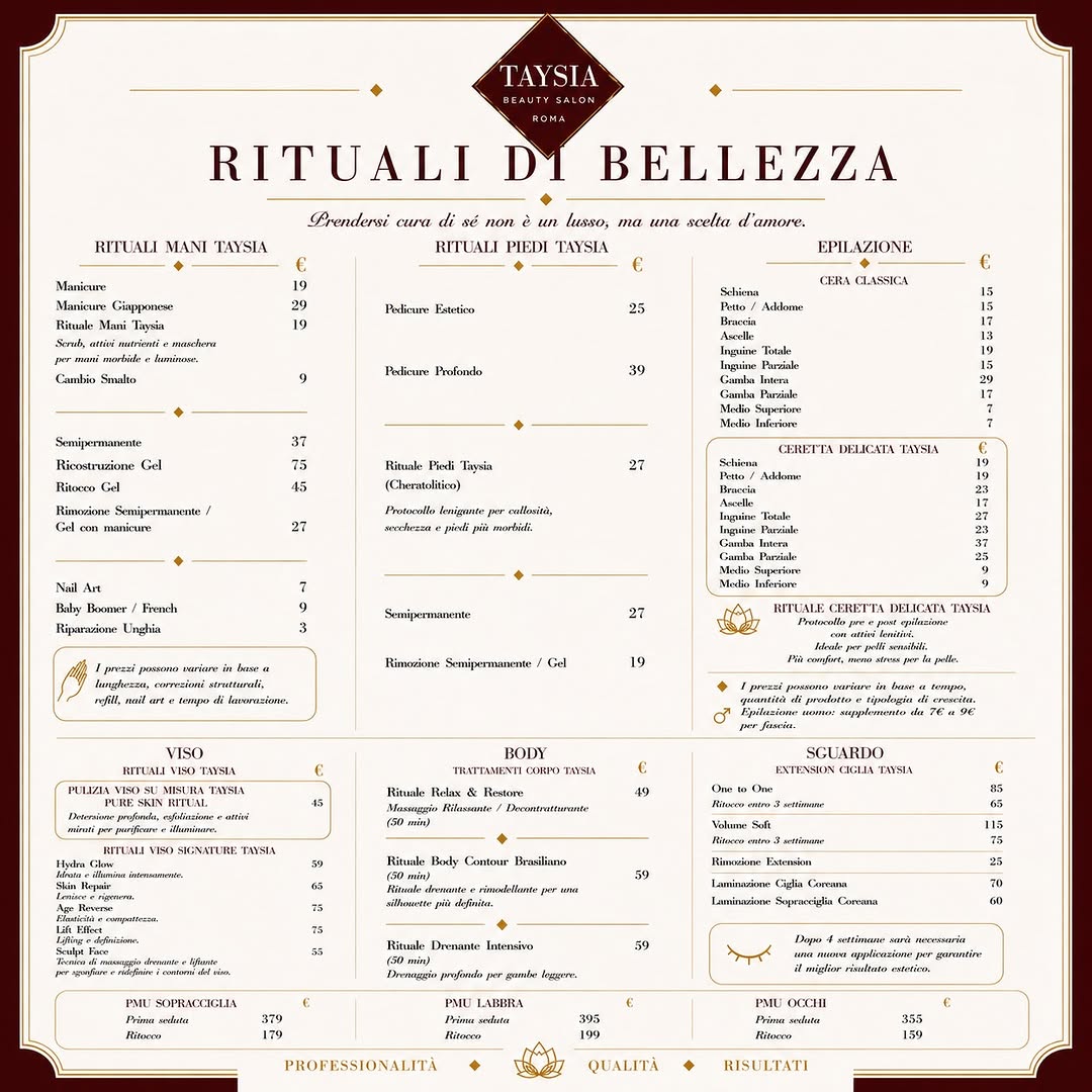 Listino completo Taysia rituali di bellezza